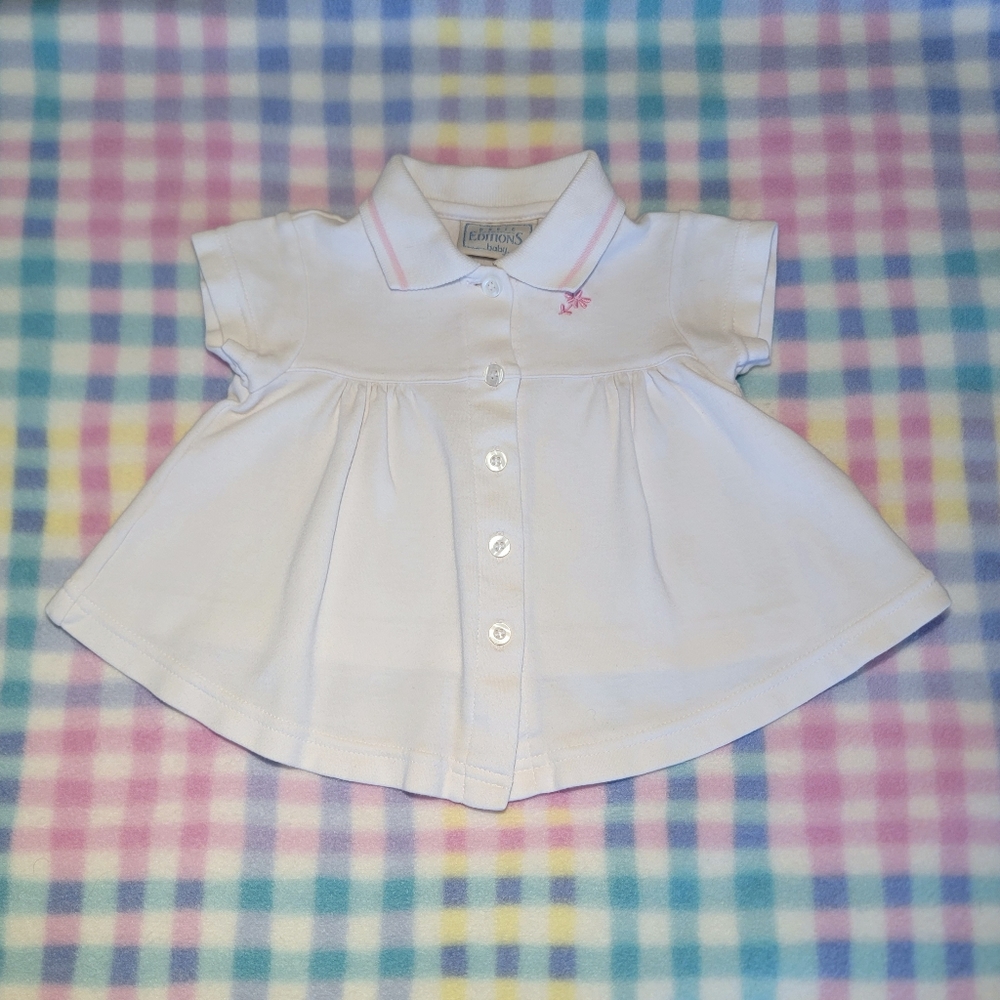 BASIC EDITIONS BABY 🌺 Vintage White Pink Trim Fit 'n Flared Out Tunic Top 0-3M